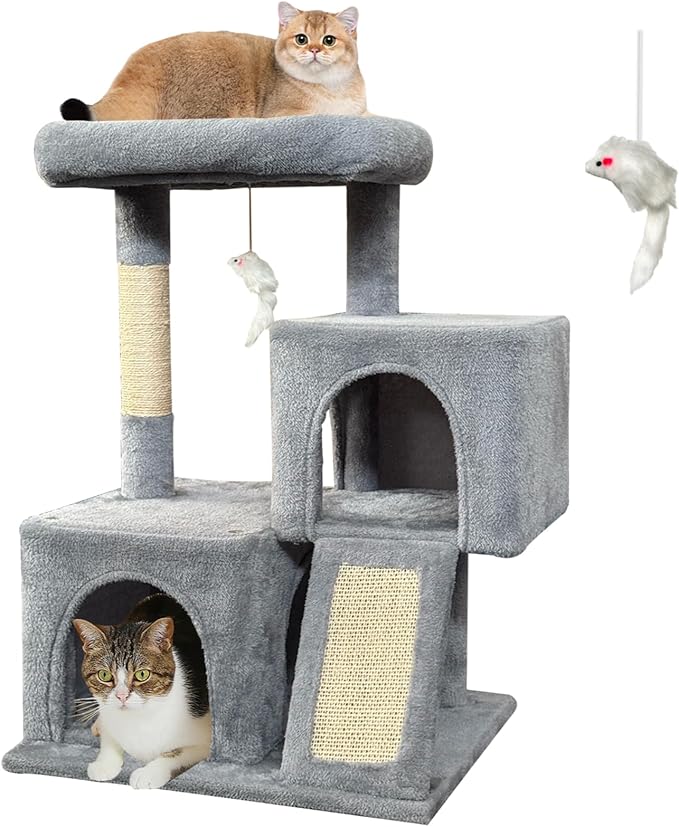 Cat Tree, 29.5 Inches Cat Tower with Dual Condos for Indoor Cats, Plush Cat House with Padded Perch, Scratching Ramp and Posts -Gray