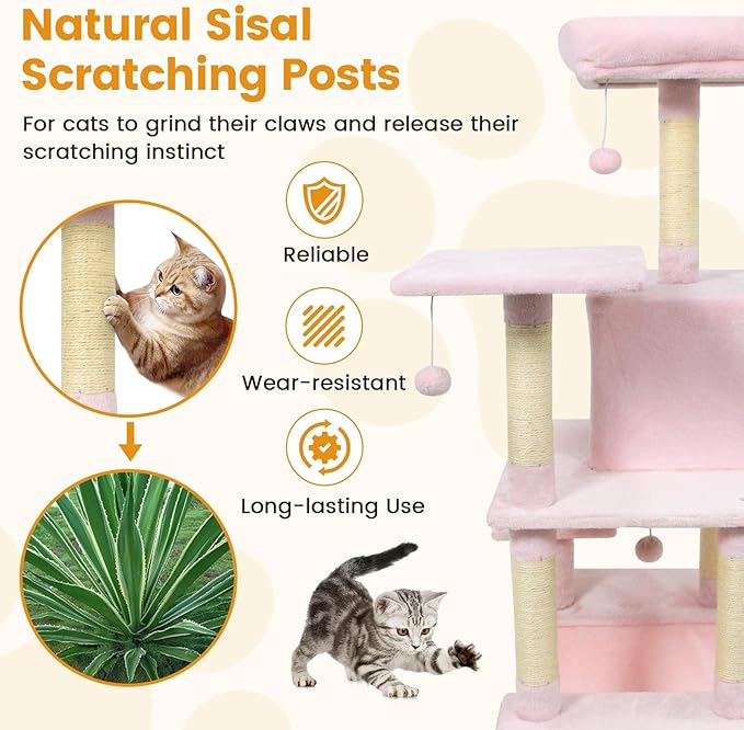 PETSITE Multi-Level Cat Tree, 58 Inches Tall with Sisal Scratching Posts, Condo, Hammock, Dangling Balls, Jumping Platforms, and Cozy Top Perch, Ideal for Indoor Cats to Play and Rest (Pink)