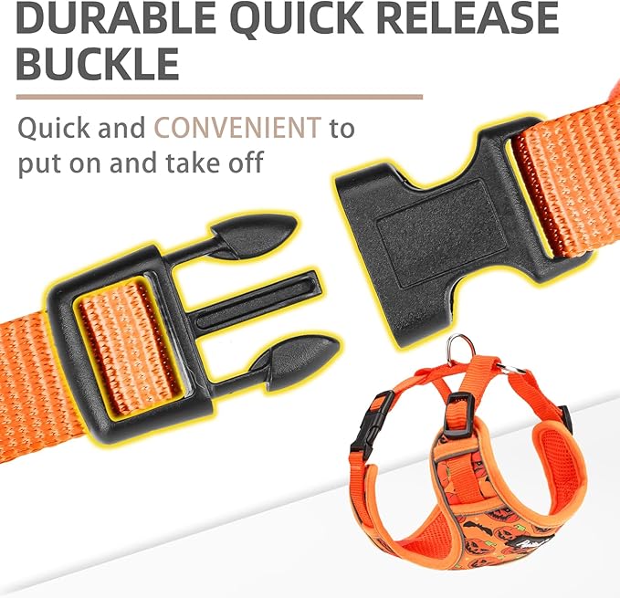 PUPTECK Halloween Small Dog Harness and Leash Set, No Pull Adjustable Puppy Cat Harness, Reflective Soft Mesh Pet Vest Small Sized, Pumpkin, M