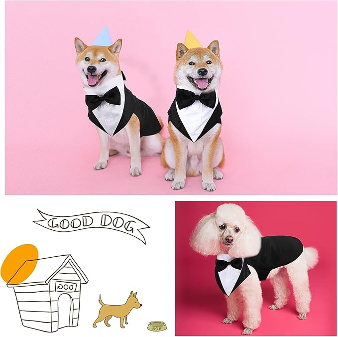 Weewooday Dog Tuxedo and Bandana Set Dogs Formal Tuxedo Pet Wedding Party Suit Wedding Bow Tie Shirt for Birthday Costumes(Cute Style,Large)