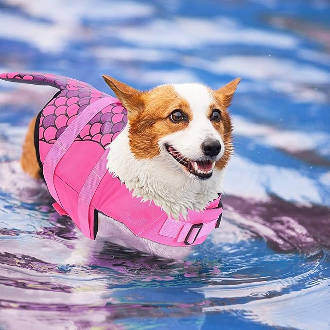 ASENKU Dog Life Jacket - Pet Safety Vest for Swimming & Boating, Shark Life Jacket with Floatation, Dog Lifesavers Swimsuits for Small Medium Large Dogs (Mermaid Pink, 2XL)