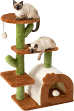 Cactus Cat Tree for Indoor Cats with Cozy Condo Wide Top Perch 27.5", Multi-Level Cat Tower with Climbing and Lounging Space Plush, Toy Ball, Brown