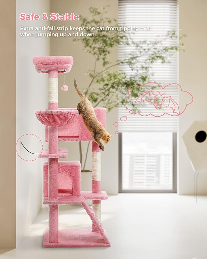 PEQULTI 56.3'' Cat Tree for Large Cats with Super Large Top Perch, Tower for Indoor Cats with Hammock and Sleeping Bag, Cat Shelves with Scratching Posts and 2 Condos Houses Pink