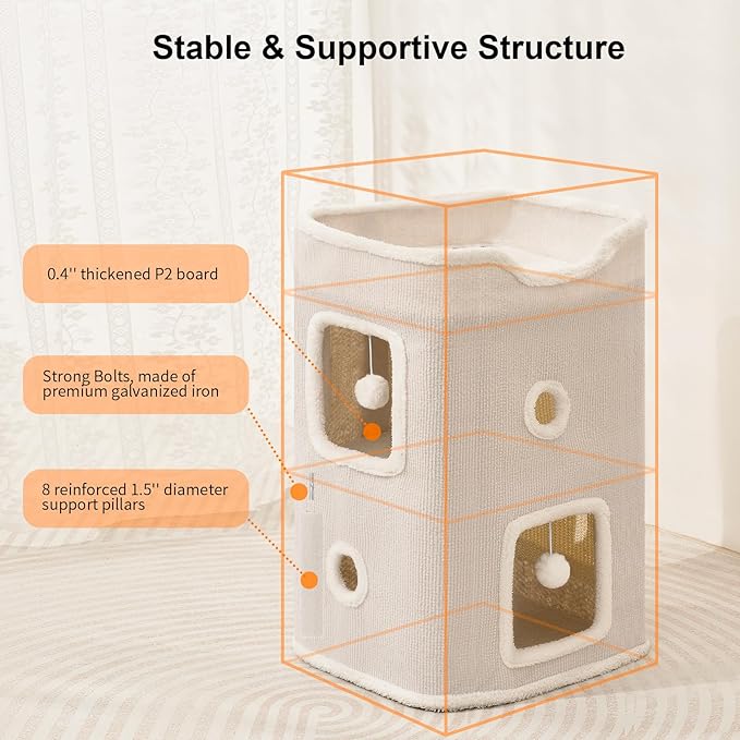 Cat House, Cat Beds for Indoor Cats, 2-Story Cat Condo Cube with Scratch Pad and Fluffy Ball Hanging, Multi-Level Cozy Hideout Center Ideal for Small/Medium Cats