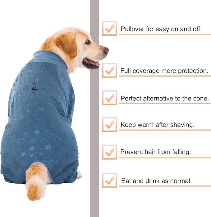 Dog Coats Autumn Winter Jumpsuit for Large Medium Dogs, Warmer Recovery Suit Polar Fleece Dog Bodysuit Lightweight Pajamas Pullover Stretchy Onesie Four-Legged Cold Weather Clothes(XL, Blue)