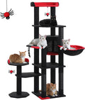 Gothic Cat Tree for Large Cats with Coffin Bed, 59" Tall Cat Tower with Spacious Condo, Large Hammock, Scratching Posts and Spider Dangling Balls, Sturdy Play House for Indoor Cats, Black