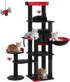 Gothic Cat Tree for Large Cats with Coffin Bed, 59" Tall Cat Tower with Spacious Condo, Large Hammock, Scratching Posts and Spider Dangling Balls, Sturdy Play House for Indoor Cats, Black