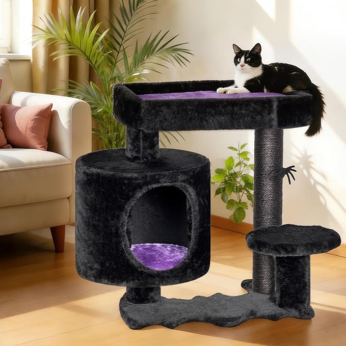 BEWISHOME Cat Tree, Gothic Cat Tree with Coffin Bed, Goth Cat Tree Tower with Scratching Posts, Cat Shelves for Kittens, Spider Toy, Black and Violet Small MMJ93Z