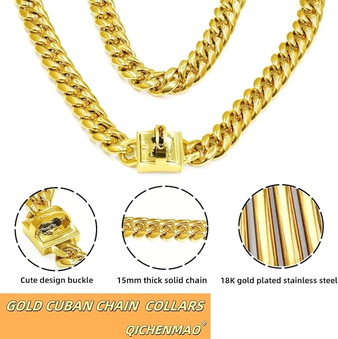 Heavy Duty Cuban Link Chain Dog Collars 15MM Gold/Silver Stainless Steel Metal Walking Training Collars with Cute Secure Design Buckle, Chew Proof, for Large Medium Small Dogs (Gold, 16'')