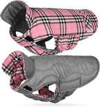 VIVAGLORY Softjoy Dog Coat, Dog Jacket for Winter & Christmas, Coat with Harness Hole, Reversible Plaid Checkered Warm Fluffy Heavy Duty for Puppy, XXS, Pink