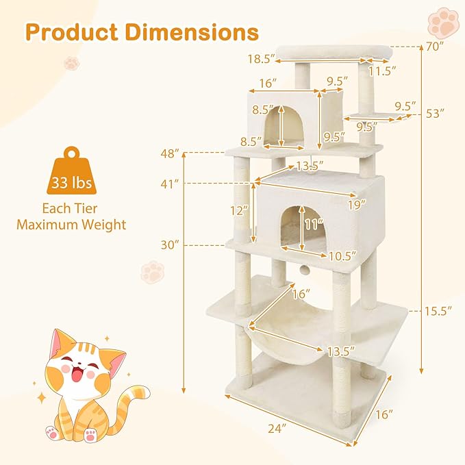 Tangkula 70 Inch Tall Cat Tree, Multi-Level Large Cat Tower with Sisal Scratching Posts, Plush Top Perch, 2 Condos, Hammock, 2 Dangling Balls, Cat Tree Tower for Indoor Cats Large Adults (Beige)