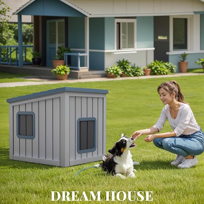 DRATO Outdoor Dog House Indoor and Outdoor Sloped Roof Resin Material with Weatherproof Roof Removable Floors for Small to Middle Sized Dogs Easy to Assemble（Blue，24.65 * 21.5 * 22.21