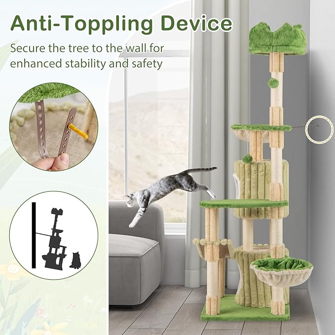 PETSITE 63 inch Tall Cat Tree, Multi-Level Aesthetic Stripped Cat Tower with Sisal Scratching Posts, 2 Condos, 2 Side Baskets, and 2 Dangling Balls, Indoor Green Cat Tree Tower for Indoor Cats