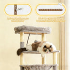 Cat Tree, 66 Inches Modern Cat Tower for Indoor Cats, Multi-Level Tall Cat Tree for Large Cats with Sisal-Covered Scratching Posts, Padded Platform, Hammock, and Condo, Grey