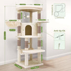 Globlazer Corner Cat Tree, 51in Curved Series Modern Cat Tower for Indoor Cats with Hammock, 7 Sisal Scratching Posts, Large Fan-Shaped Platform for Large Cats, Cat Condo & Hanging Basket, C51, Beige