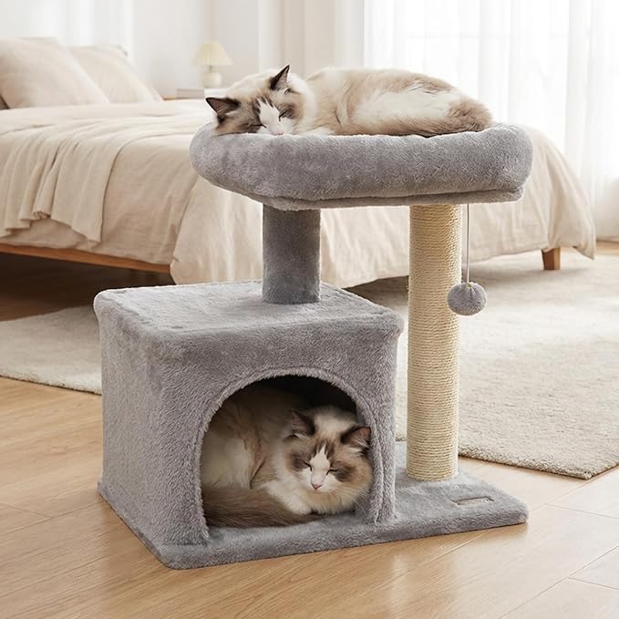 PETSITE 19.5-inch Small Cat Tree, with Sisal Scratching Post, Interactive Hanging Ball, Comfy Condo, and Spacious Top Perch, Ideal for Indoor Cats and Kittens (Grey)