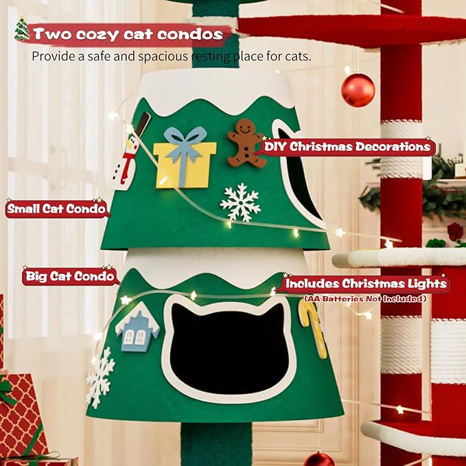 Christmas Cat Tree, Cat Tower for Indoor Cats with 2 Cat Condos, Thickened Cat Scratching Post，Cute Cat Furniture with DIY Christmas-Themed Stickers and LED String Lights