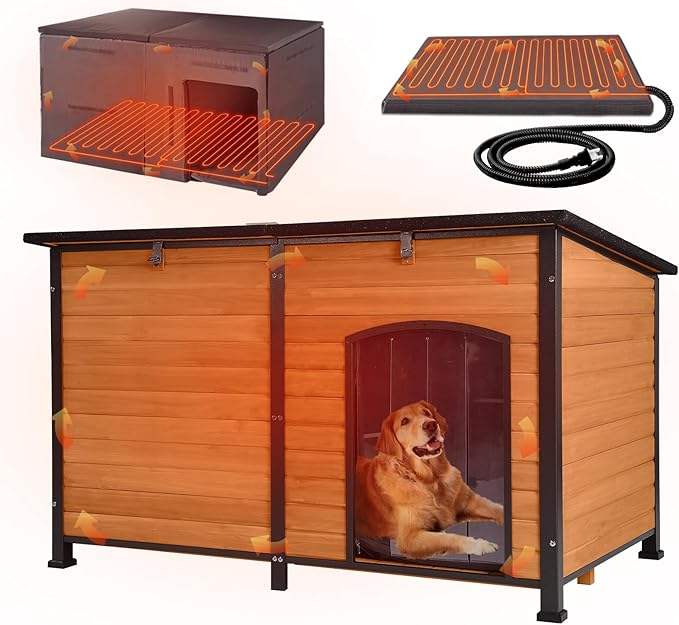 GUTINNEEN Extra Large Heated Dog House with Safe Thermostat-Controlled Heating Pad and Liner, Insulated Dog Kennel Outdoor Weatherproof Dog Shelter with Chew-Proof Metal Frame for Large Dog Breeds