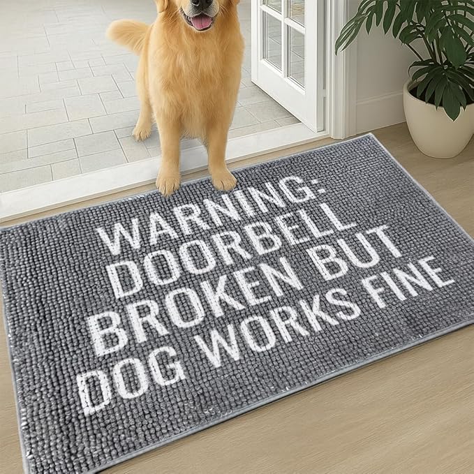 Muddy Mat® Absorbent Microfiber Door Mat and Pet Rug, Non Slip Washable Chenille Indoor Outdoor Rug - Warning Doorbell Broken But Dog Works Fine Funny Dog Welcome Mat 19"x30"