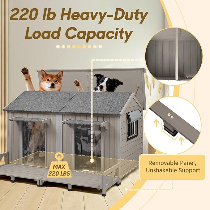 55.5" L Extra Large Dog House Outdoor, Wooden Dog Kennel for Large Breeds, Weatherproof XL Dog House with Openable Roof & 2 Doors, Cozy Indoor/Outdoor Doghouse for Large Small Dogs