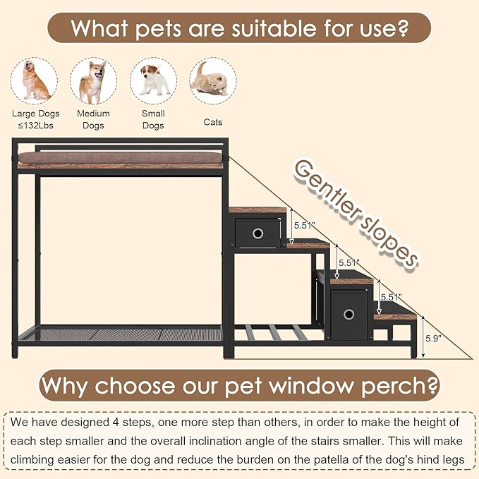 Pet Bunk Bed with Removable Stairs and 2 Drawers, Dogs/Cats Window Perch, Dog Window Seat with Soft Cushion, Ultra-Shallow Steps, Sturdy Metal Frame, Non-Slip, Load Capacity 60 LBS