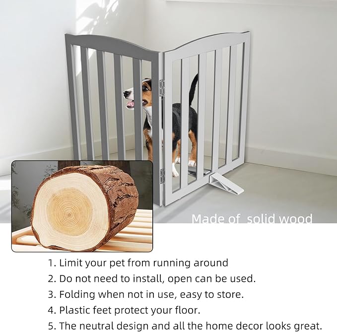 ZJSF Foldable Freestanding Indoor Dog Gate for House Wood Long Pet Gates Dog Fence for Stairs Puppy Gates for Hallways, Puppy Gate,Support Feet Included, Grey, 32 "Height-2 Panels