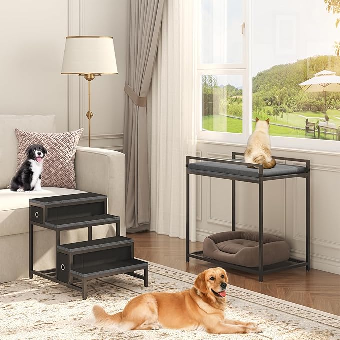 Pet Bunk Bed with Removable Stairs and 2 Drawers, Dogs/Cats Window Perch, Dog Window Seat with Soft Cushion, Ultra-Shallow Steps, Sturdy Metal Frame, Non-Slip, Load Capacity 60 LBS