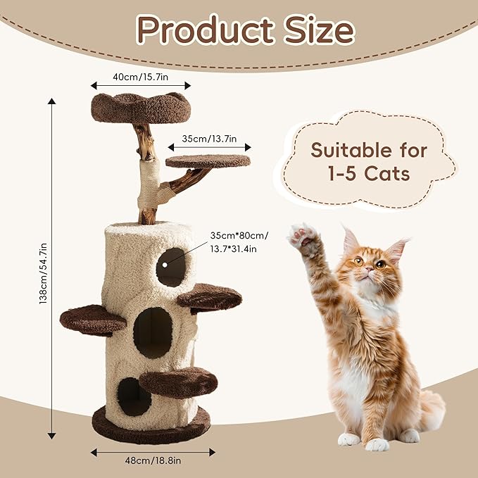 RPZ 54.7" Luxury Solid Wood Cat Tree for Small to Medium Cats – Natural Wood Scratching Post with Real Branch, Cozy Hideout, Multiple Platforms & Elevated Perches – Ideal for 1-5 Cats, Brown & Beige