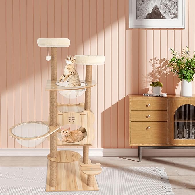Cat Tree, 54" Indoor Cat Tree Tower, Sturdy Luxury Condo Rest Cat, with Scratching Posts, Wide Platforms, Two Space Capsules, Cat Nests, and Play Balls