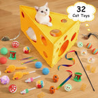 Cat House with 32 Toys, Cheese Cats Cave Hideout with Interactive Holes, Foldable Pet Activity Center, Playhouse Bed with Wand & Balls for Indoor Kitten