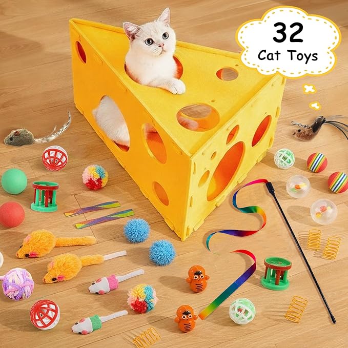 Cat House with 32 Toys, Cheese Cats Cave Hideout with Interactive Holes, Foldable Pet Activity Center, Playhouse Bed with Wand & Balls for Indoor Kitten
