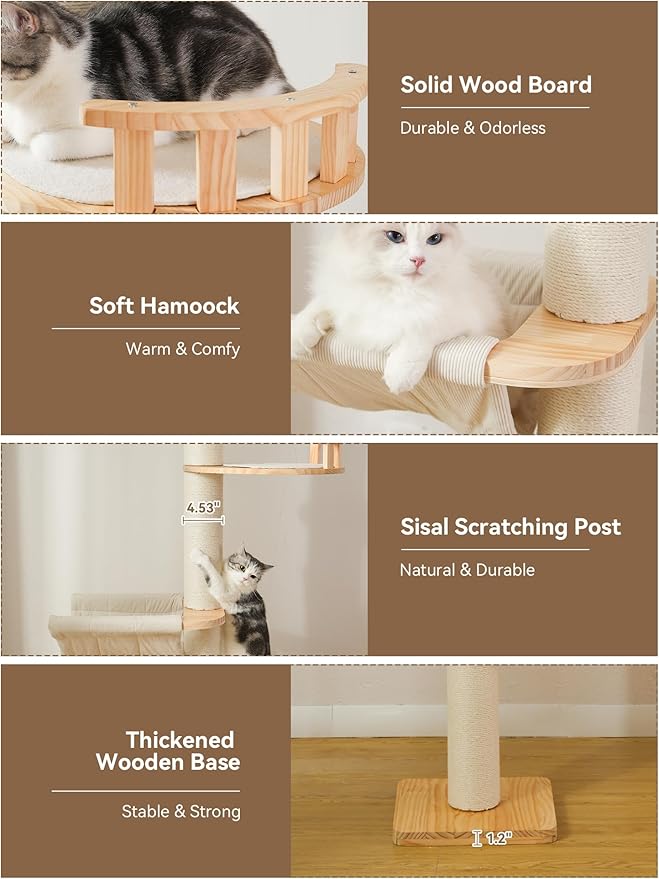 Floor to Ceiling Cat Tree, 5-Tier Adjustable Height(7.3-10.5ft) Solid Wood Climbing Tower with Sisal Scratching Posts, Transparent Capsule and Cozy Hammock