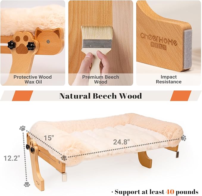 CHEERHOME PETS Cat Window Perch with Washable Bolster, Fluffy Cats Hammock Bed for Window, Adjust Wooden Seat for Kitten Bedside Windowsill, Wooden Cats Furniture(Thickened White)