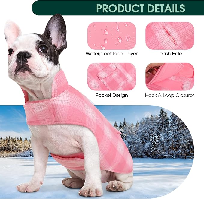 Kuoser Reversible Winter Coat, British Style Jacket for Small Dogs, Warm Windproof Puppy Cold Weather Clothes Vest, Pink XS