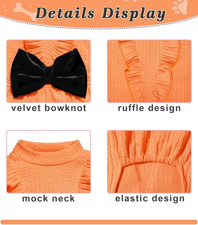 Dog Birthday Dresses, Dog Princess Dress, Turtleneck Puppy Skirt with Velvet Bowknot for Small Medium Dogs Girl (Orange, L)
