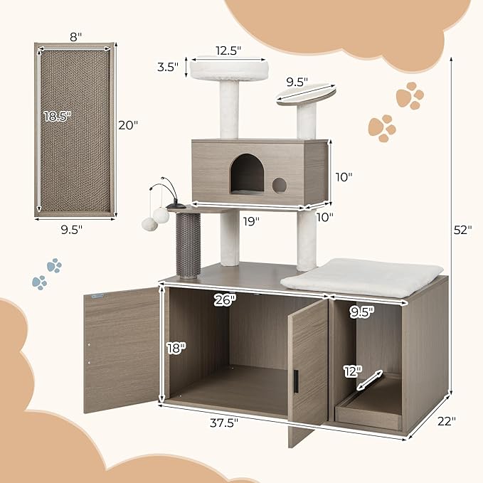 PETSITE Cat Tree with Litter Box Enclosure, 2-in-1 Modern Cat Tower with Condos, Top Perch, Sisal Posts, Scratching Board, Platform, Dangling Balls, Hidden Litter Box with Cat Tree (52 Inches Tall)