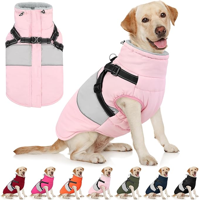 AOFITEE Dog Winter Coat, Dog Coat with Harness Built in, Dogs Jacket for Large Dogs, Reflective Waterproof Pet Puffer Jacket Snowsuit, Warm Fleece Windproof Pet Sweater for Cold Weather, XL