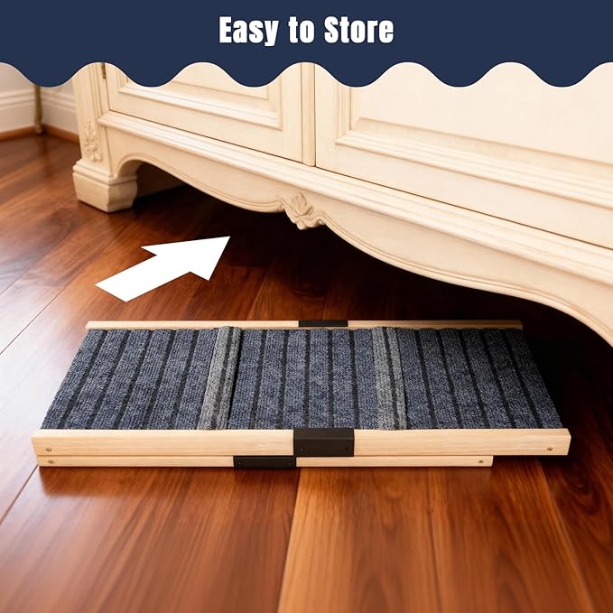 Adjustable Wooden Dog Ramp for Small & Medium Dogs, 27.6" Long x 11.8" Wide Portable Pet Ramp for Bed, Couch, Sofa & Car, Anti-Slip Carpet, Lightweight Foldable Indoor Outdoor Travel Dog Ramp