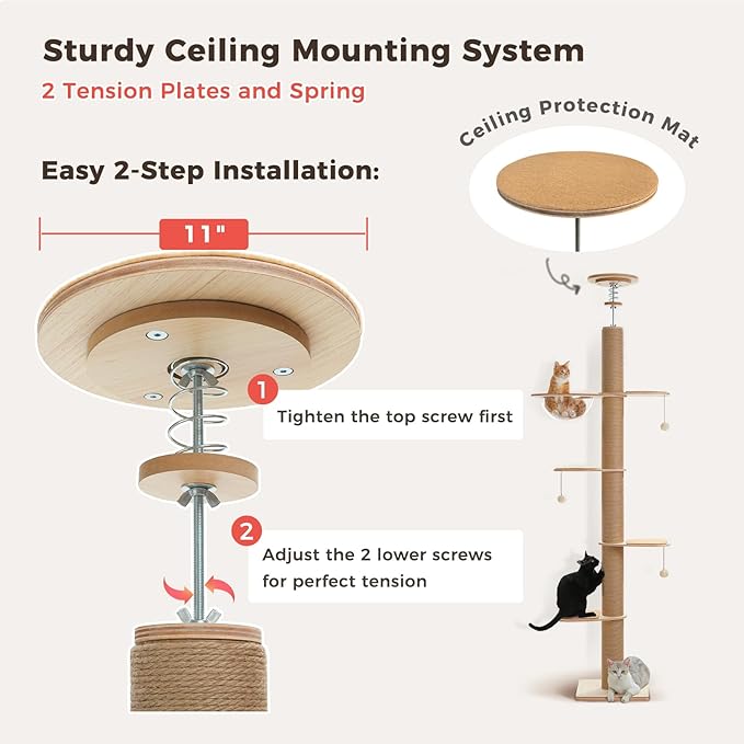 Floor to Ceiling Cat Tree for Indoor Cats, 5-Tier Adjustable Height (79-103 Inch) Sturdy Wooden Tall Cat Climbing Tower with 4.1" Thick Scratching Posts, Acrylic Cave, Non-Slip Pads & 3 Pompoms