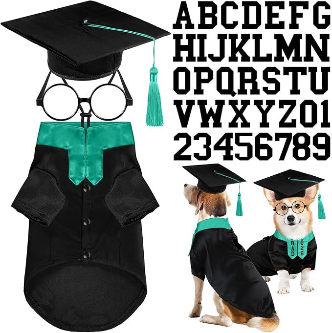 5 Pcs Dog Graduation Costume Set Include 2026 Pet Graduation Gown with Stole Puppy Grad Cap Lensless Glasses DIY Letter Stickers for Dogs Cats Holiday Costume Accessory(Black Green,L)