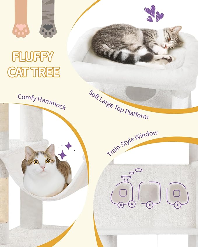 Cat Tree, 66.9" Large Cat Tower for Indoor Cats, Multi-Level Cat House with Condo, 8 Scratching Posts, Hammock, 4 Pom Poms, White MS17018WT
