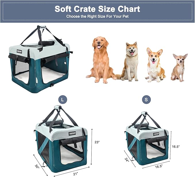 JESPET Soft Dog Crates Kennel for Pets, 3 Door Soft Sided Folding Travel Pet Carrier with Straps and Fleece Mat for Dogs, Cats (8-Teal Blue, Large(30" L x 21" W x 23" H))