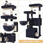 Globlazer Cat Tree Tower with Scratching Post for Indoor Cats, 55inch Tall Plush Multi-Level Cat Climbing Tower Condo House with Hanging Basket, 2 Spacious Cat Cave, F55, Beige (Dark Gray)