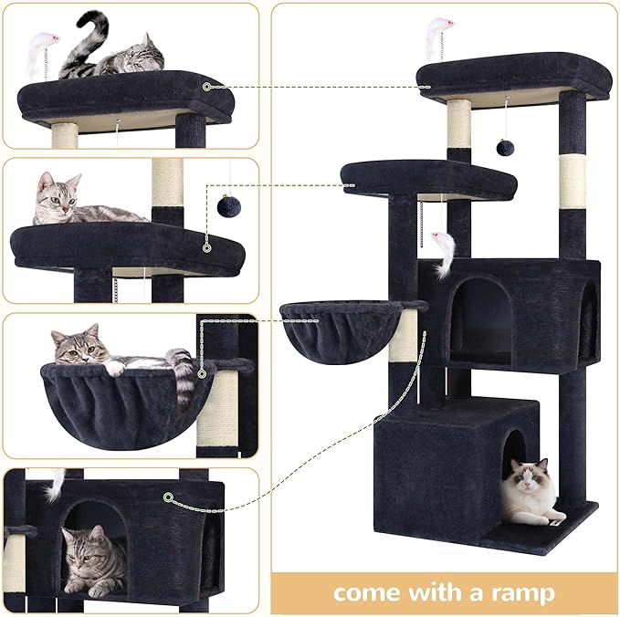 Globlazer Cat Tree Tower with Scratching Post for Indoor Cats, 55inch Tall Plush Multi-Level Cat Climbing Tower Condo House with Hanging Basket, 2 Spacious Cat Cave, F55, Beige (Dark Gray)