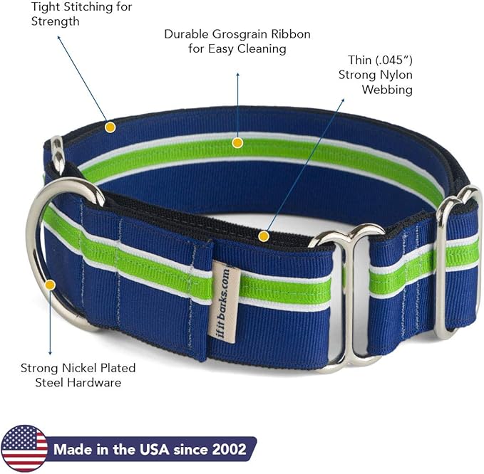 If It Barks - 1.5" Martingale Collar for Dogs - Adjustable - Nylon - Strong and Comfy - Ideal for Training - Made in USA - Medium Finley