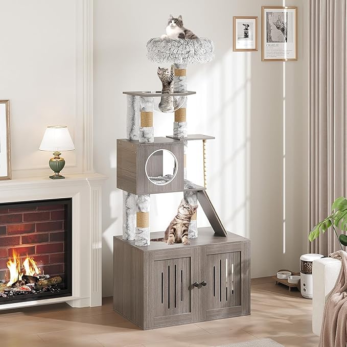 Cat Tree Tower with Litter Box Enclosure 66.9in Condo with Perch & Scratching Posts - Plush Nest, Multi-Tier Play & Rest