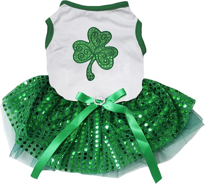 Petitebella Green Sequins Clover Puppy Dog Dress (White/Green Sequins, Medium)