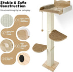 Solid Wood Cat Window Perch with 2 Jumping Platforms, Cat Hammock for Window with Scratching Post, Sisal Tall Cats Scratching Post with Large Perch, Wooden Cats Window Bed with 2 Suction Cups