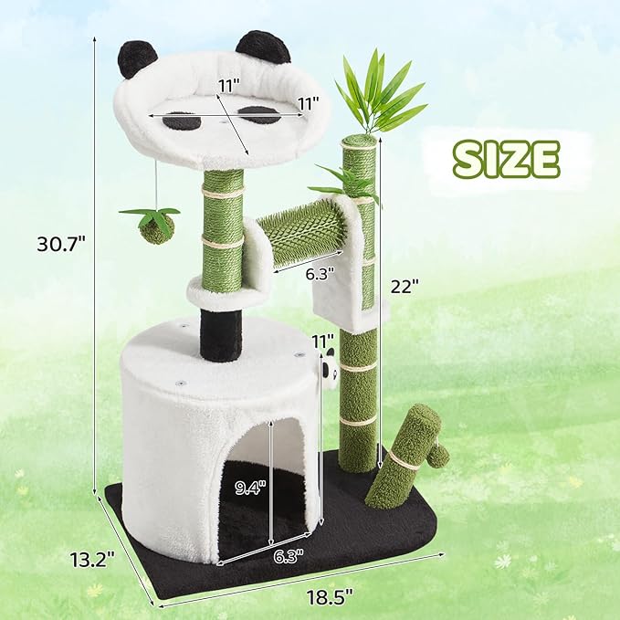 Erinnyees Panda Cat Tree, 30.7" Cat Tower with Self Groomer, Scratching Post, Cat Condo and Hang Ball, Bamboo Leaf Shape Design