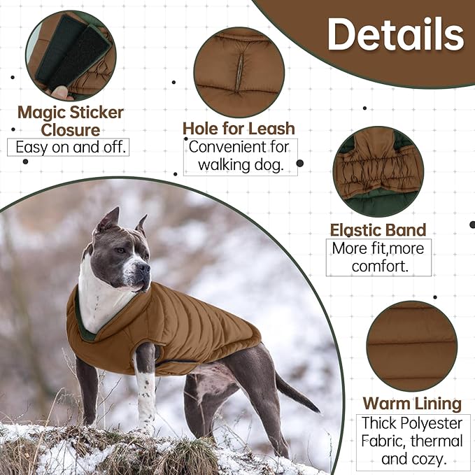 Lelepet Reversible Dog Coat Waterproof Dog Jacket Windproof Puffer Vest for Winter Warm Lightweight Coats for Small Dogs Adjustbale Hook & Loop Pet Apparel with Leash Hole, Shih Tzu, Brown, S